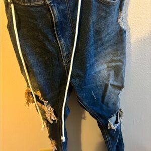 Distressed Blue Denim Jeans with White Drawstrings